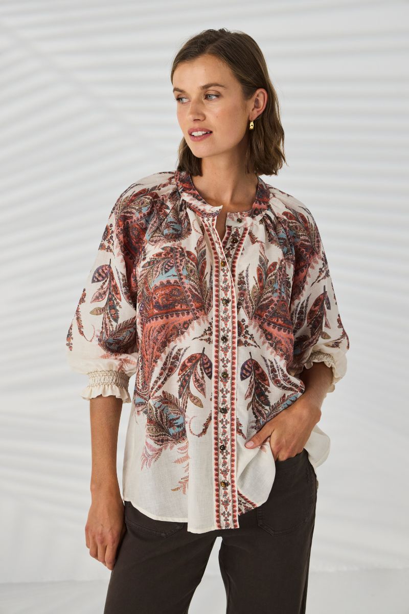 Lania Marsh Shirt front view Marsh print relaxed fit NLA4036 styled with chrome jean