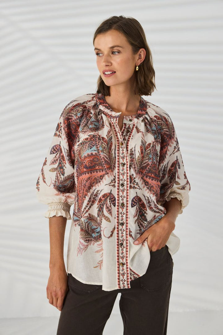 Lania Marsh Shirt front view Marsh print relaxed fit NLA4036 styled with chrome jean