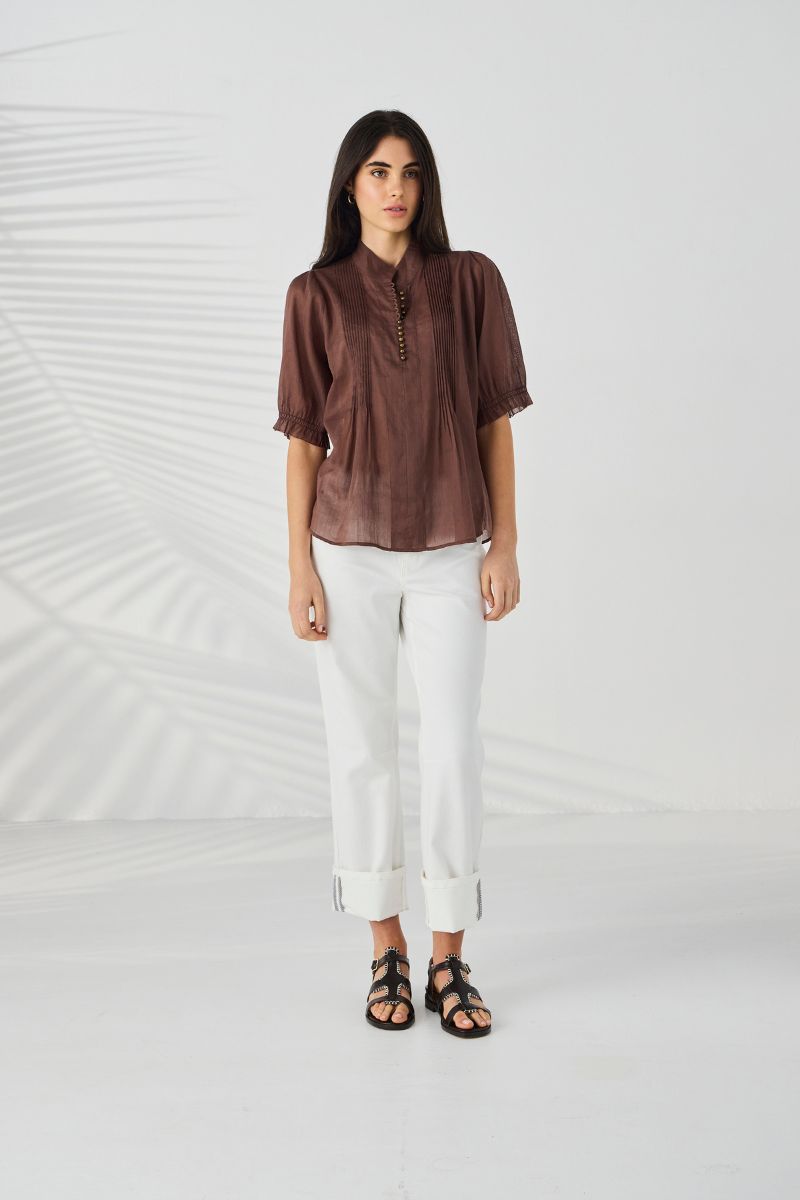 Lania Pier Shirt Chocolate softly shirred cuff and sleeve detail NLA4005