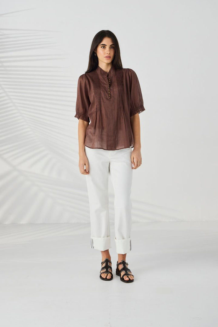 Lania Pier Shirt Chocolate softly shirred cuff and sleeve detail NLA4005