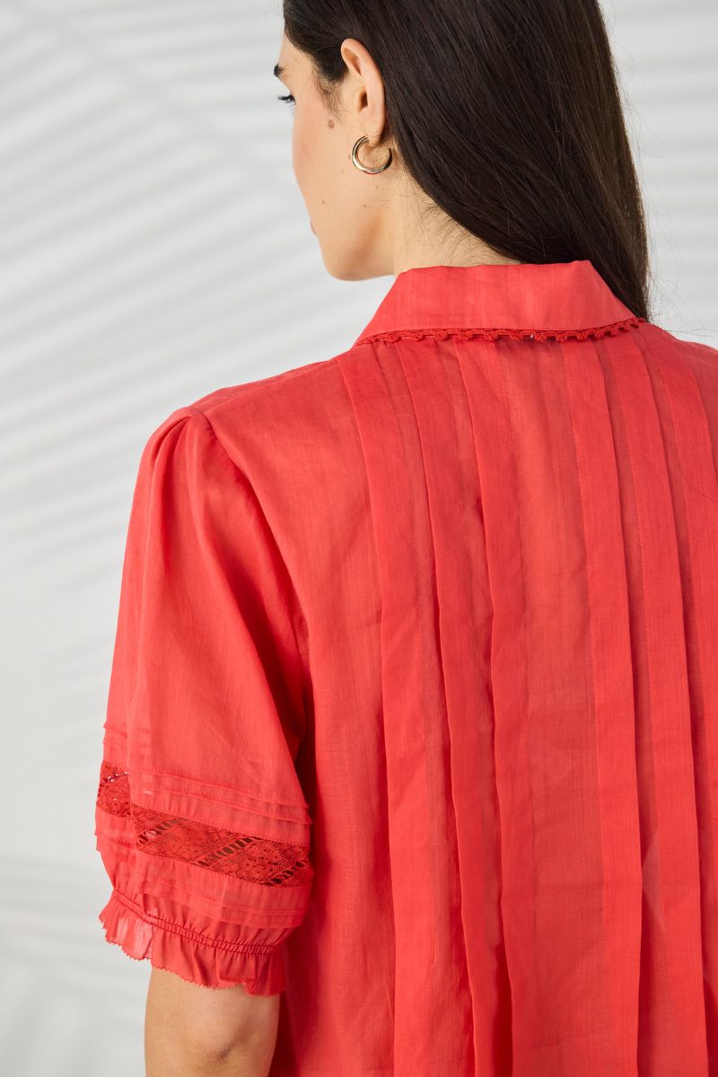 Lania Kristal Shirt in Tangelo lace collar and tuck pleat detail NLA4042
