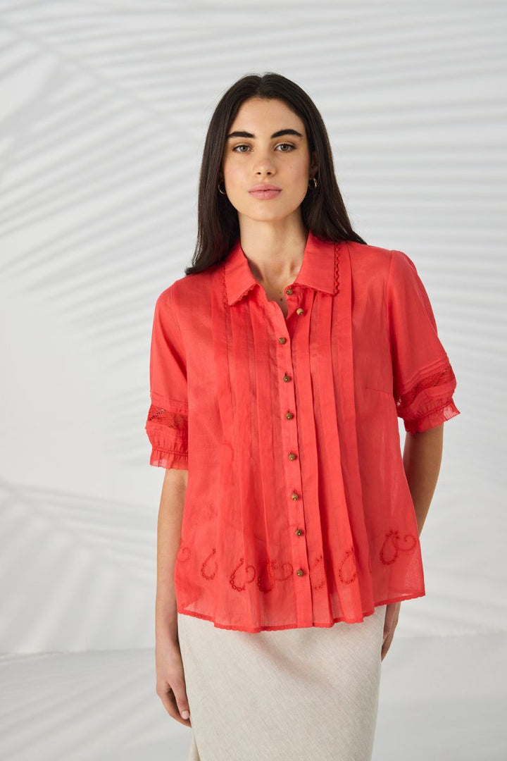 Closer view of Lania Kristal Shirt in tangelo.