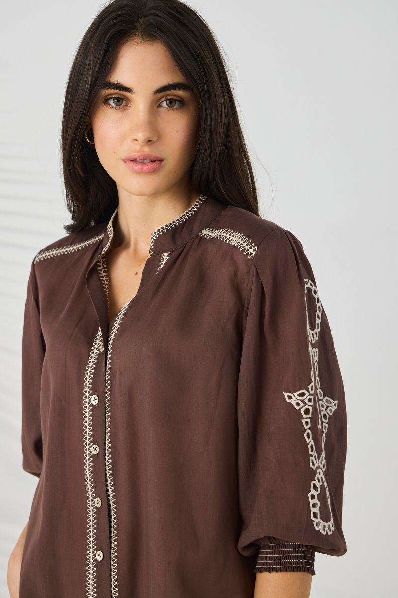 Lania Chloe Shirt Cocoa shirred cuff and stitched seam detail NLA4069