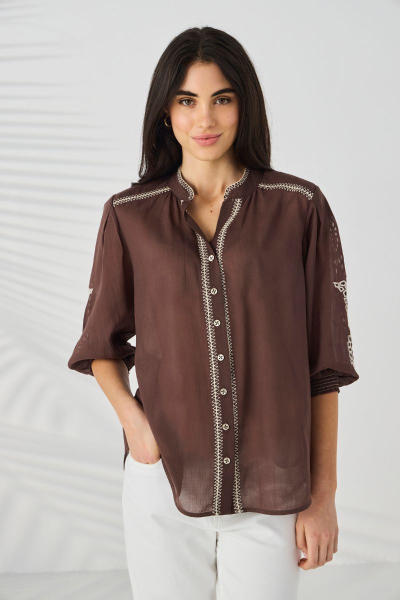 Lania the Label Chloe Shirt in Cocoa front view with tonal shell buttons NLA4069