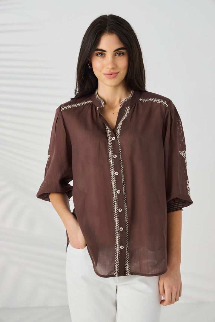 Lania the Label Chloe Shirt in Cocoa front view with tonal shell buttons NLA4069