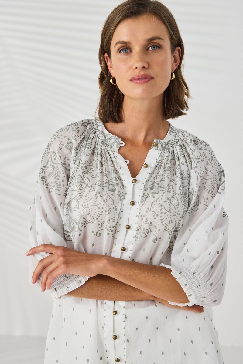 Novo Shirt bordered placket and antique brass button detail NLA4026