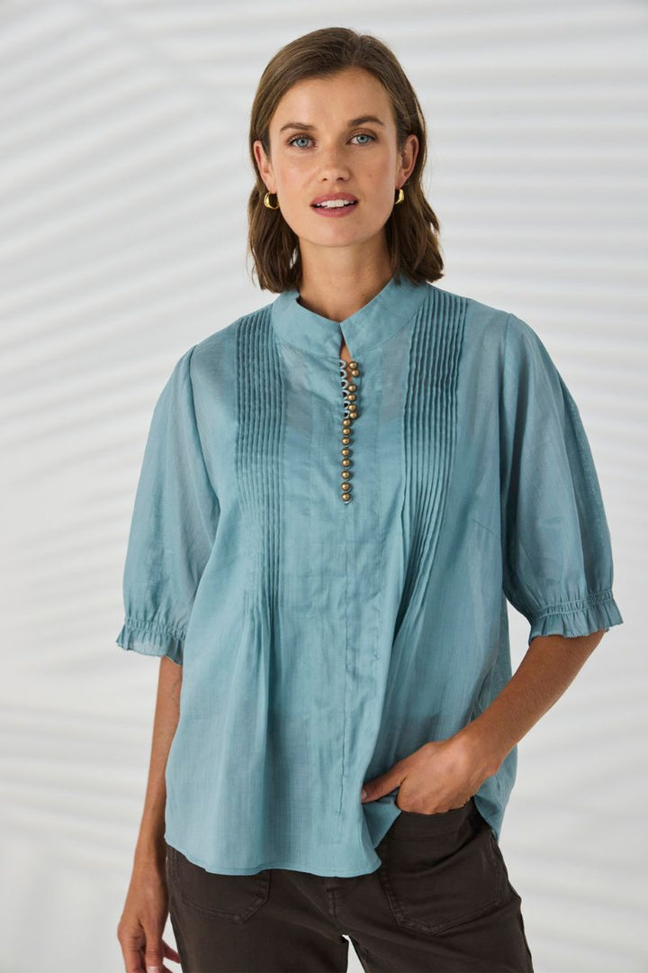 Lania Pier Shirt Seafoam front view pintuck detail NLA4005