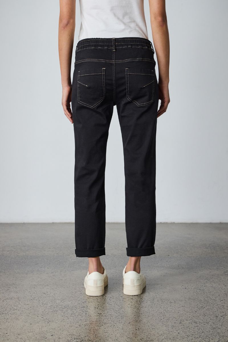 Lania The Label Casual Drawstring Jean in Black NLA2760NB back view showing relaxed denim fit