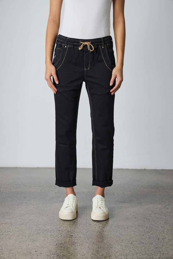 Lania The Label Casual Drawstring Jean in Black NLA2760NB front view with elastic waist and adjustable tie