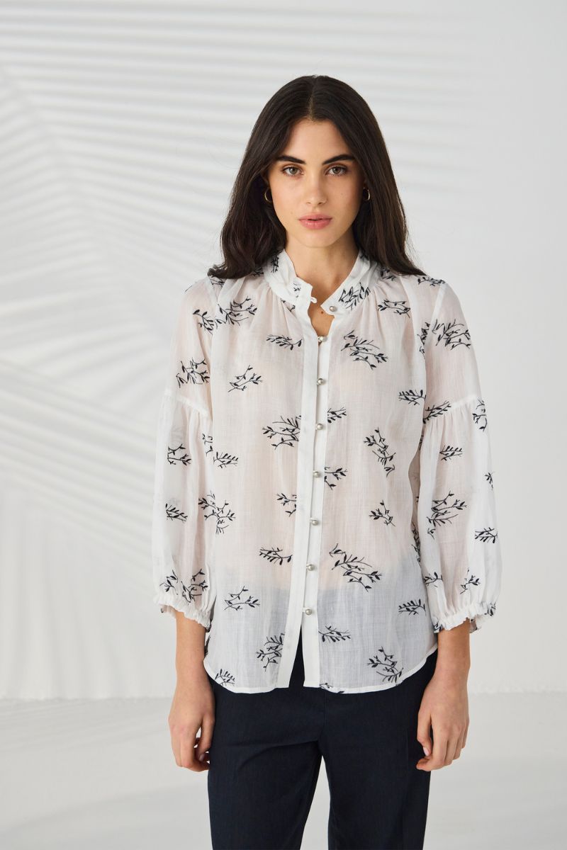 Lania Twig Shirt off white front view embroidered ramie NLA4080