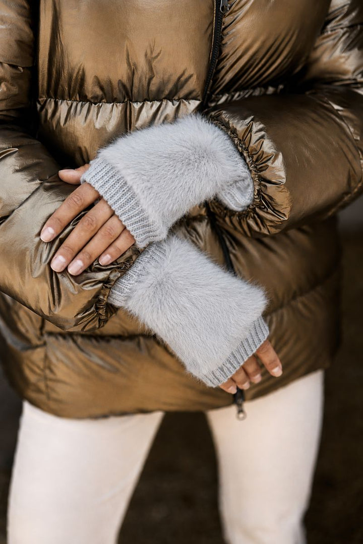Detail of fingerless fluffy gloves in Grey by Lauren Vidal