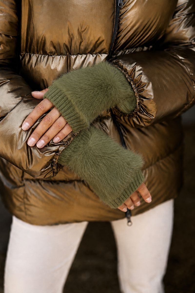 Detail of fingerless fluffy gloves in Bronze Olive by Lauren Vidal