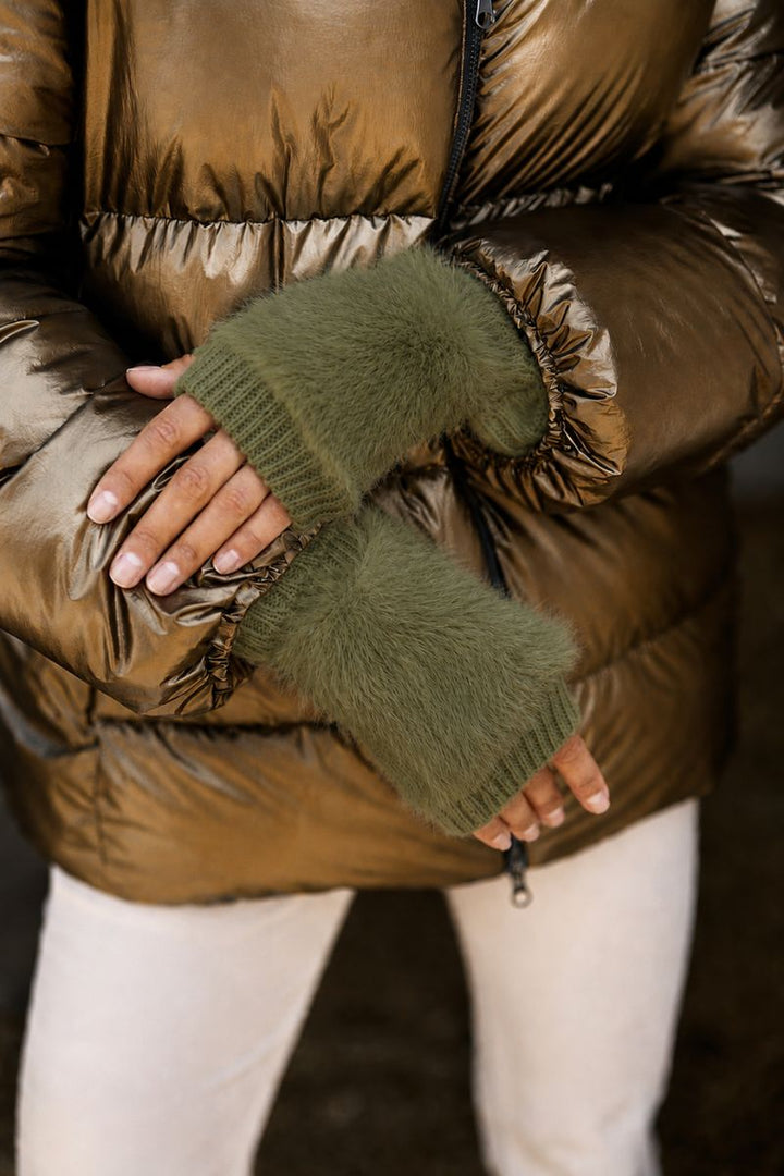 Detail of fingerless fluffy gloves in Bronze Olive by Lauren Vidal