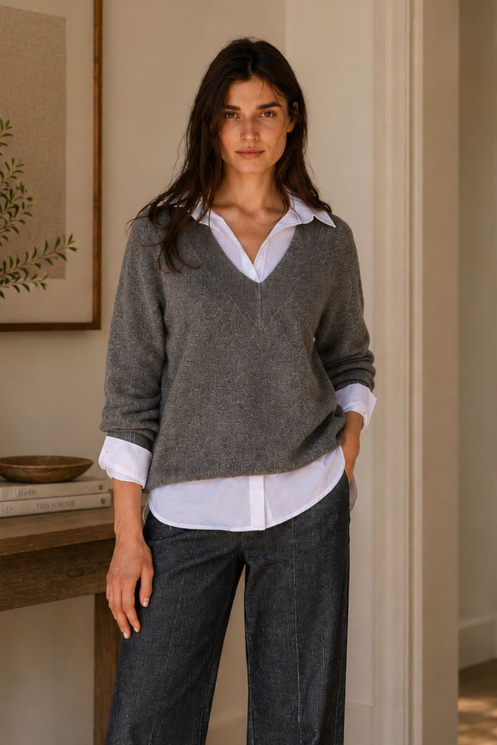 Woman wearing Logan V Neck Sweater in Acier by Lauren Vidal front