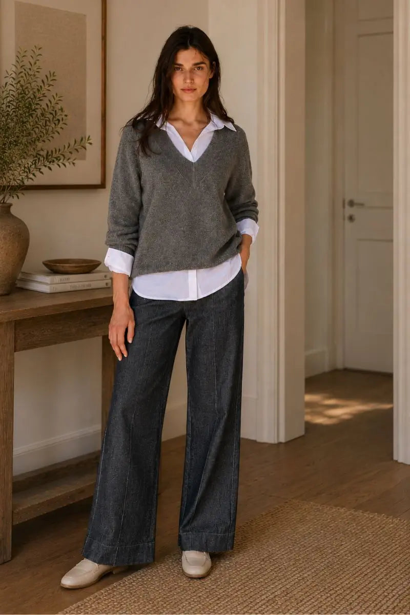 Woman wearing Logan V Neck Sweater in Acier by Lauren Vidal styled