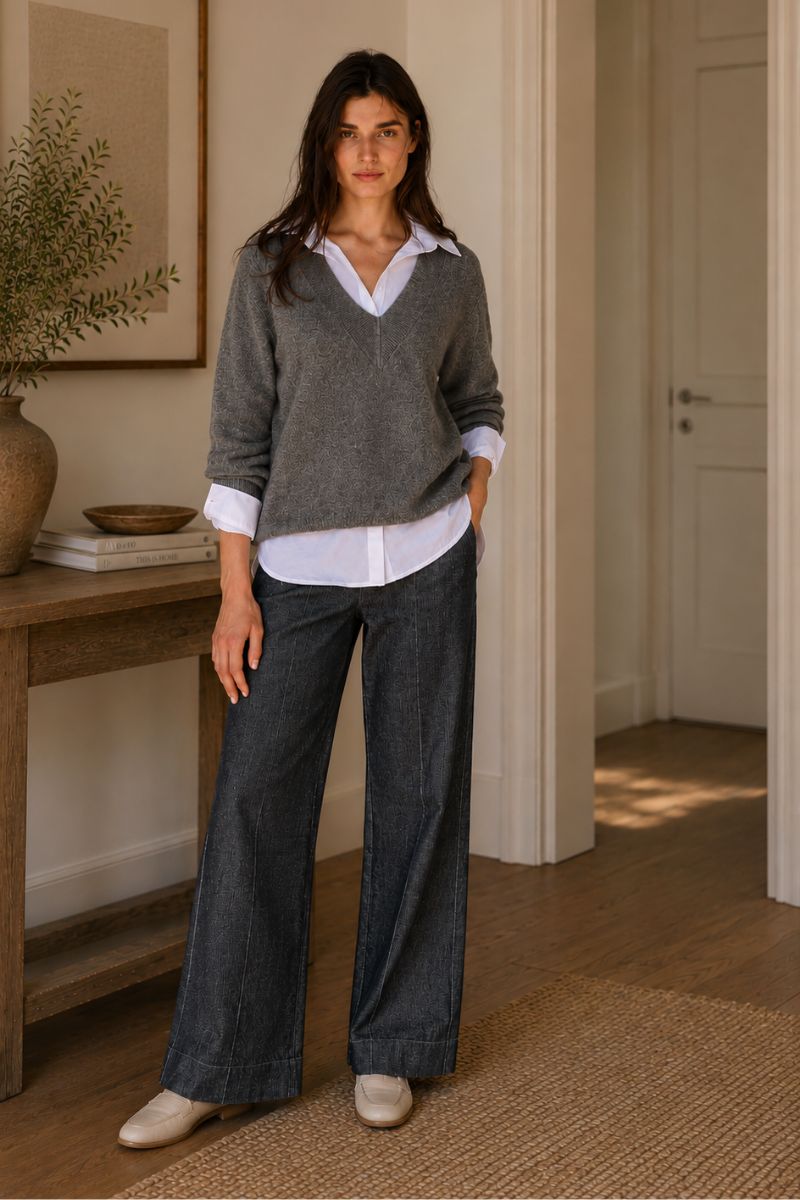 Woman wearing Logan V Neck Sweater in Acier by Lauren Vidal styled