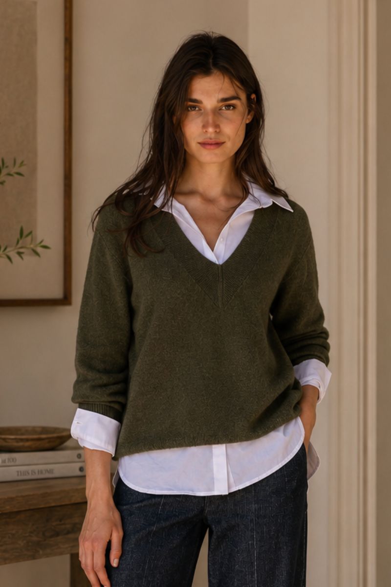 Lauren Vidal Logan V Neck Sweater Green
