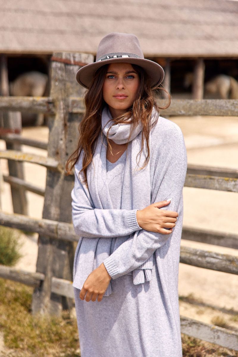 Woman wearing Noune Knit Dress in Grey by Lauren Vidal styled
