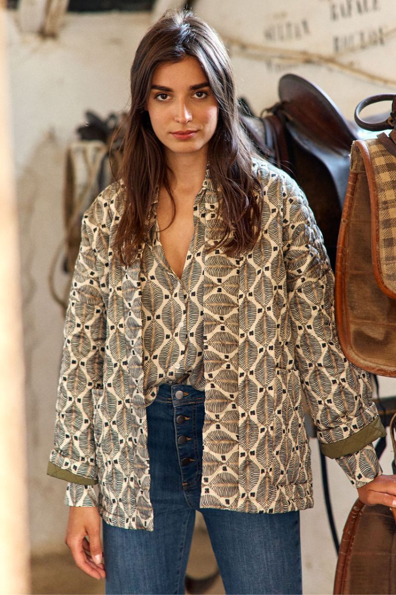 Woman wearing Palme Jacket print by Lauren Vidal styled