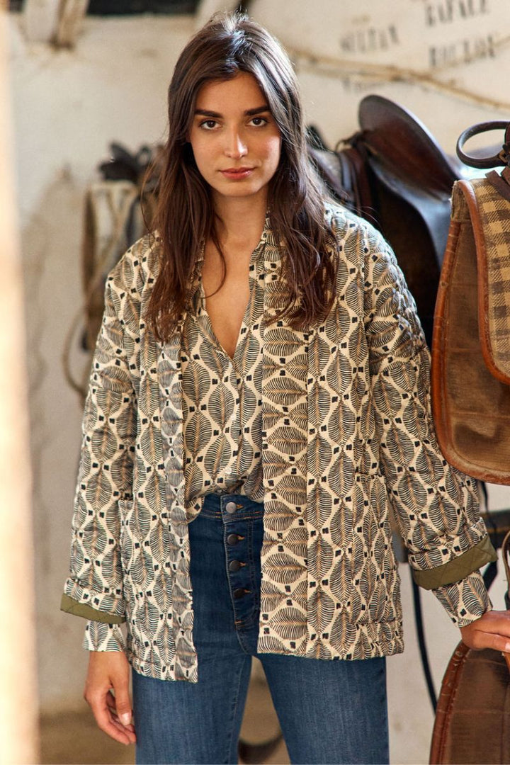 Woman wearing Palme Jacket print by Lauren Vidal styled