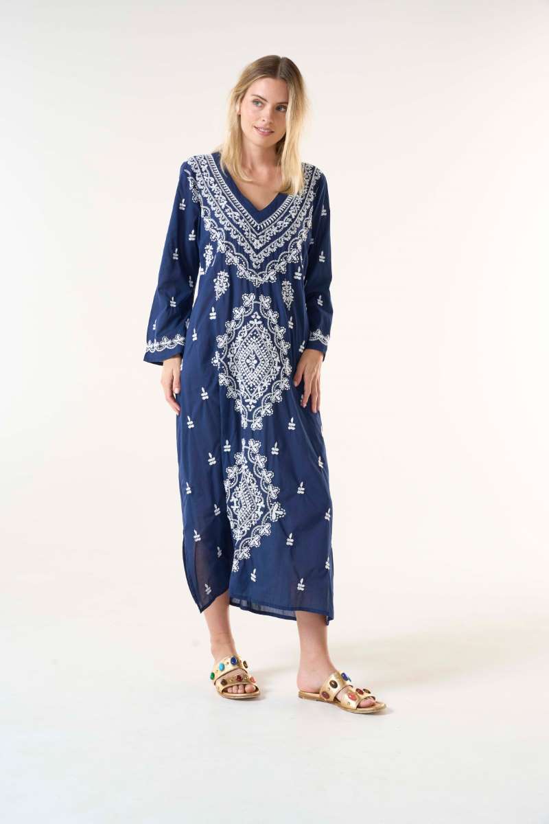 Pre Order Long Goa Dress Embroidery in Navy/White S24-07EN/W-744 by One Season