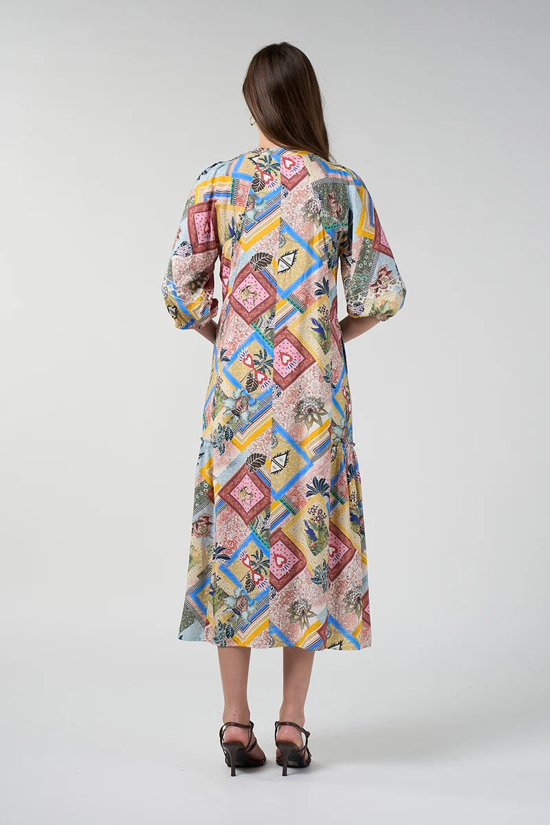 Loobie's Story Ceylon Midi Dress LS3302 in Multi, back view showing A-line midi silhouette and gathered hem panels