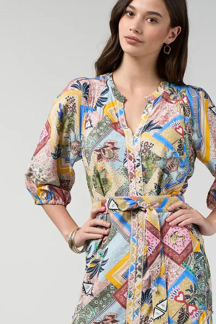 Loobie's Story Ceylon Midi Dress LS3302 in Multi, close-up showing embroidered placket, neckline and sleeve detail