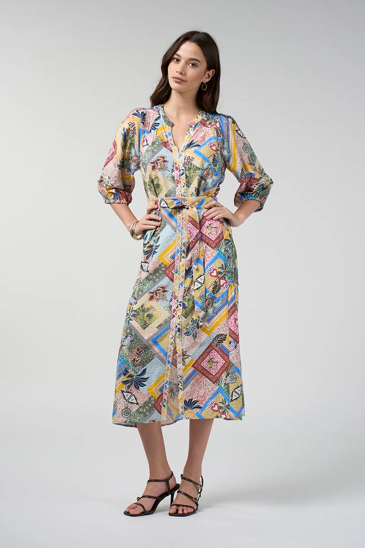 Loobie's Story Ceylon Midi Dress LS3302 in Multi, front view with matching tie belt
