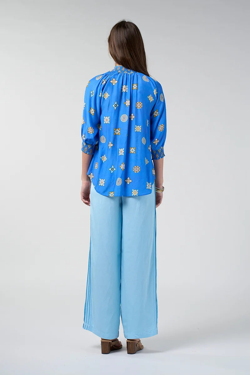 Loobie's Story Dambulla Shirt LS3305 in Azure Multi back view showing shirred collar and relaxed shape