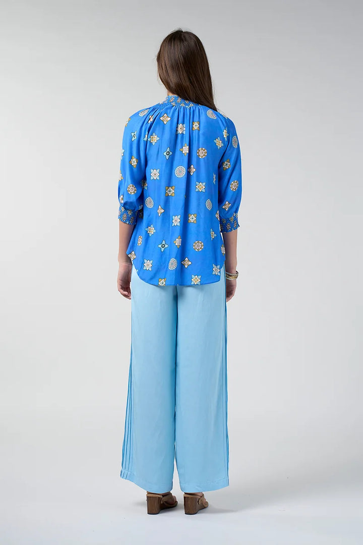 Loobie's Story Dambulla Shirt LS3305 in Azure Multi back view showing shirred collar and relaxed shape