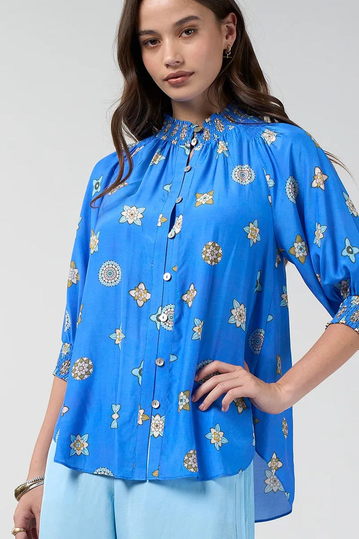 Loobie's Story Dambulla Shirt LS3305 in Azure Multi front view with button-through front and blouson sleeves