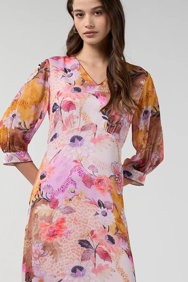Loobie's Story Batika Midi Dress LS3394B in Multi detail showing floral print V neckline and blouson sleeves