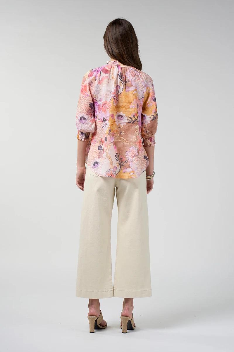 Loobie's Story Batika Shirt LS3396 in Multi close-up showing shirred neckline, button front and Batika print