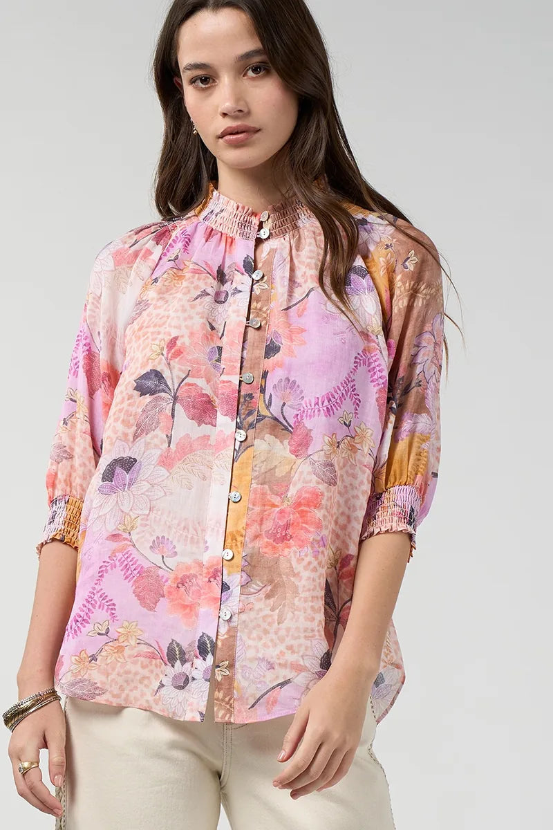 Loobie's Story Batika Shirt LS3396 in Multi close-up showing shirred neckline, button front and Batika print