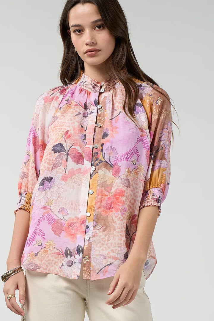 Loobie's Story Batika Shirt LS3396 in Multi close-up showing shirred neckline, button front and Batika print