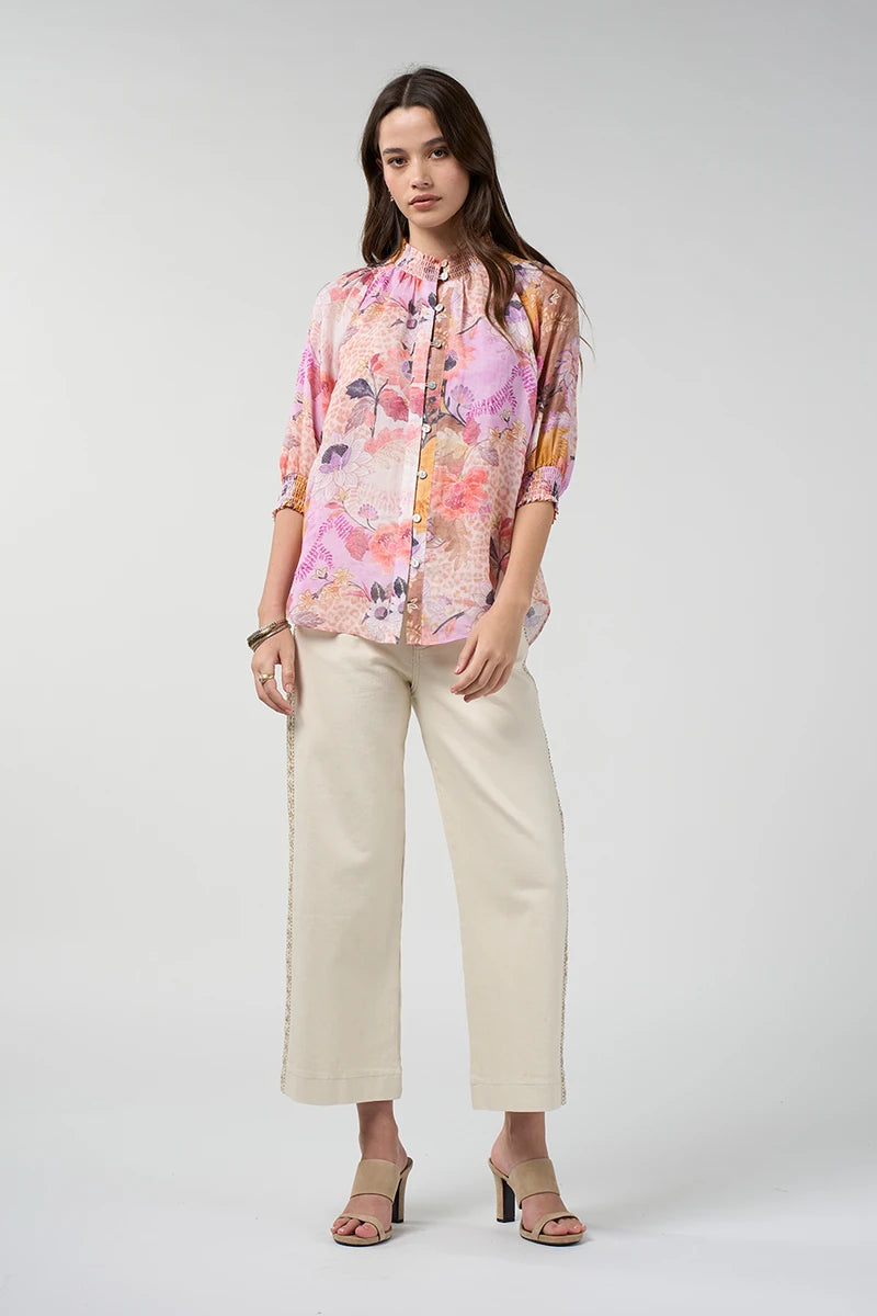 : Loobie's Story Batika Shirt LS3396 in Multi front view with shirred collar and ecru wide-leg pants