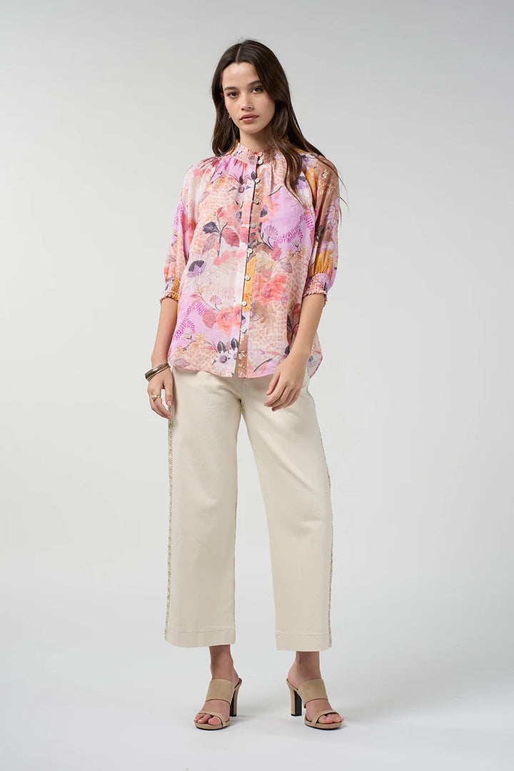 : Loobie's Story Batika Shirt LS3396 in Multi front view with shirred collar and ecru wide-leg pants