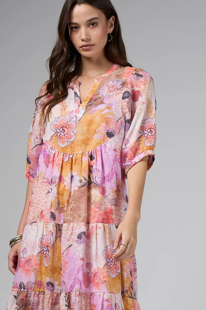 Loobie's Story Batika Dress LS3397 in Multi detail showing rounded neckline, floral print and gathered sleeve cuff