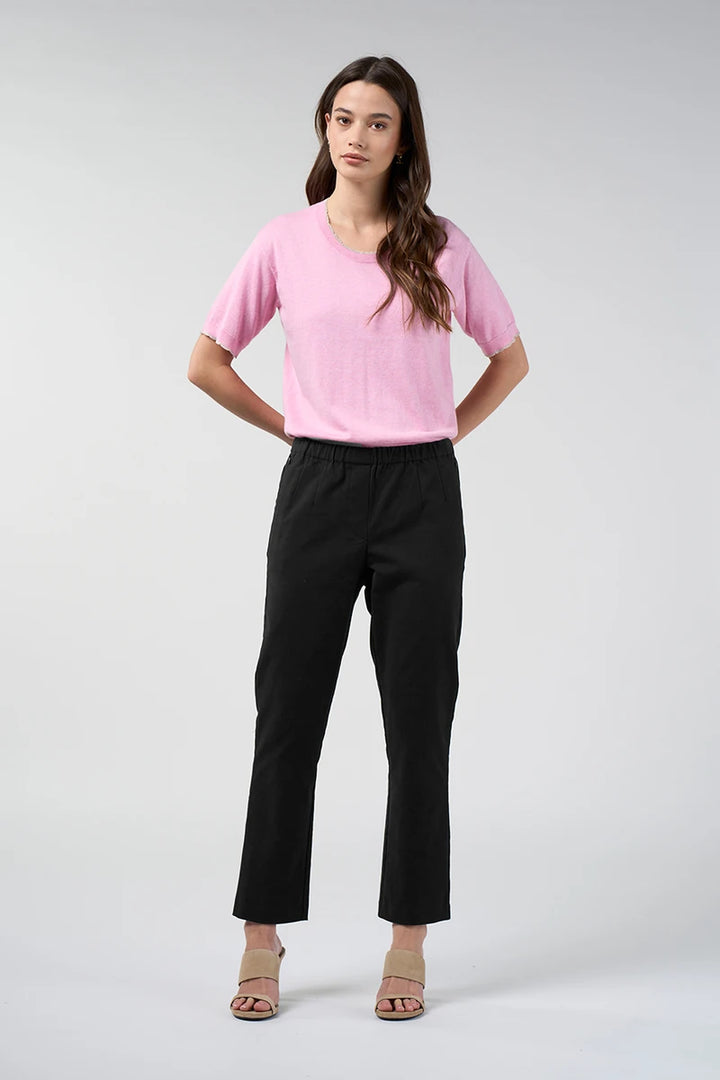 Loobie's Story Maha Tee LSK2652 in Sherbert pink with lurex trim, worn with black cropped pants
