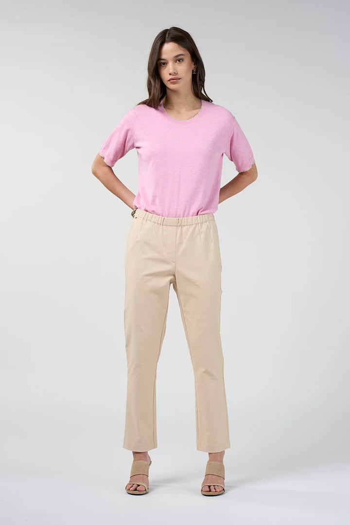 Loobie's Story Maha Tee LSK2652 in Sherbert pink, front view tucked into ecru pants