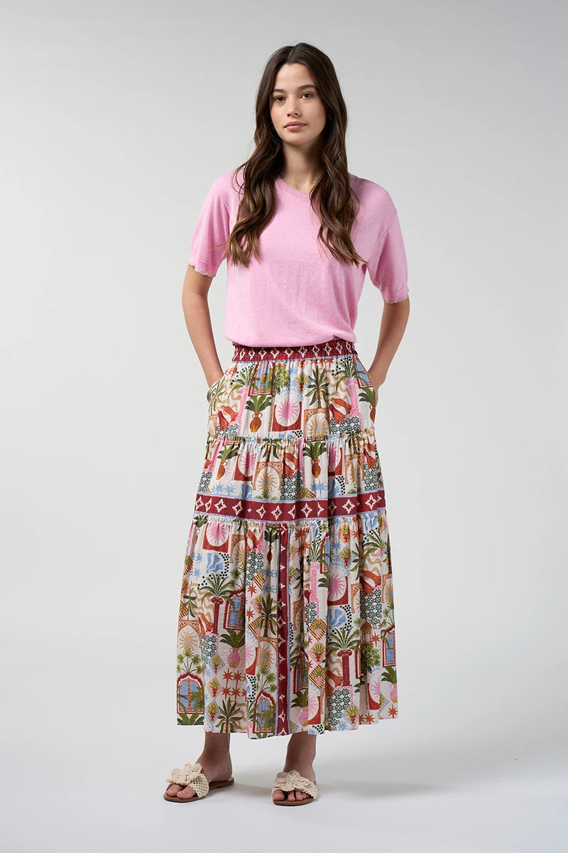 Loobie's Story Maha Tee LSK2652 in Sherbert pink styled with a long printed skirt