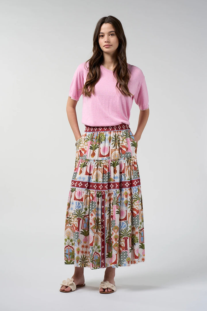 Loobie's Story Maha Tee LSK2652 in Sherbert pink styled with a long printed skirt