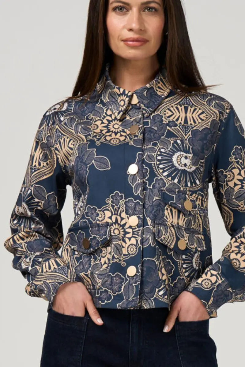 Woman wearing Halcyon Jacket in Print by Loobie’s Story detail