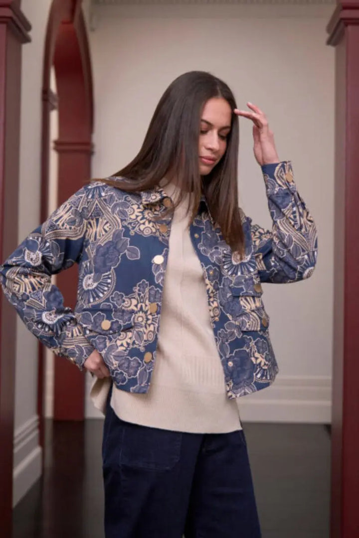 Woman wearing Halcyon Jacket in Print by Loobie’s Story front