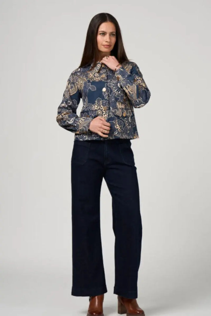 Woman wearing Halcyon Jacket in Print by Loobie’s Story styled