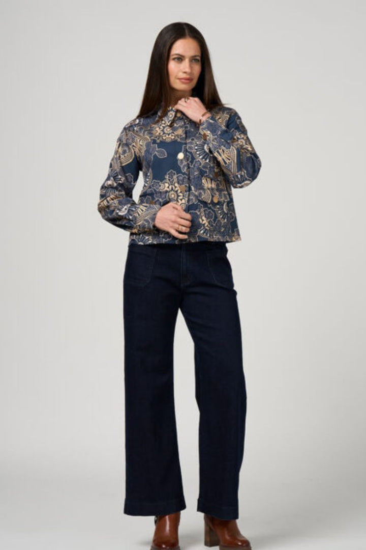 Woman wearing Halcyon Jacket in Print by Loobie’s Story styled