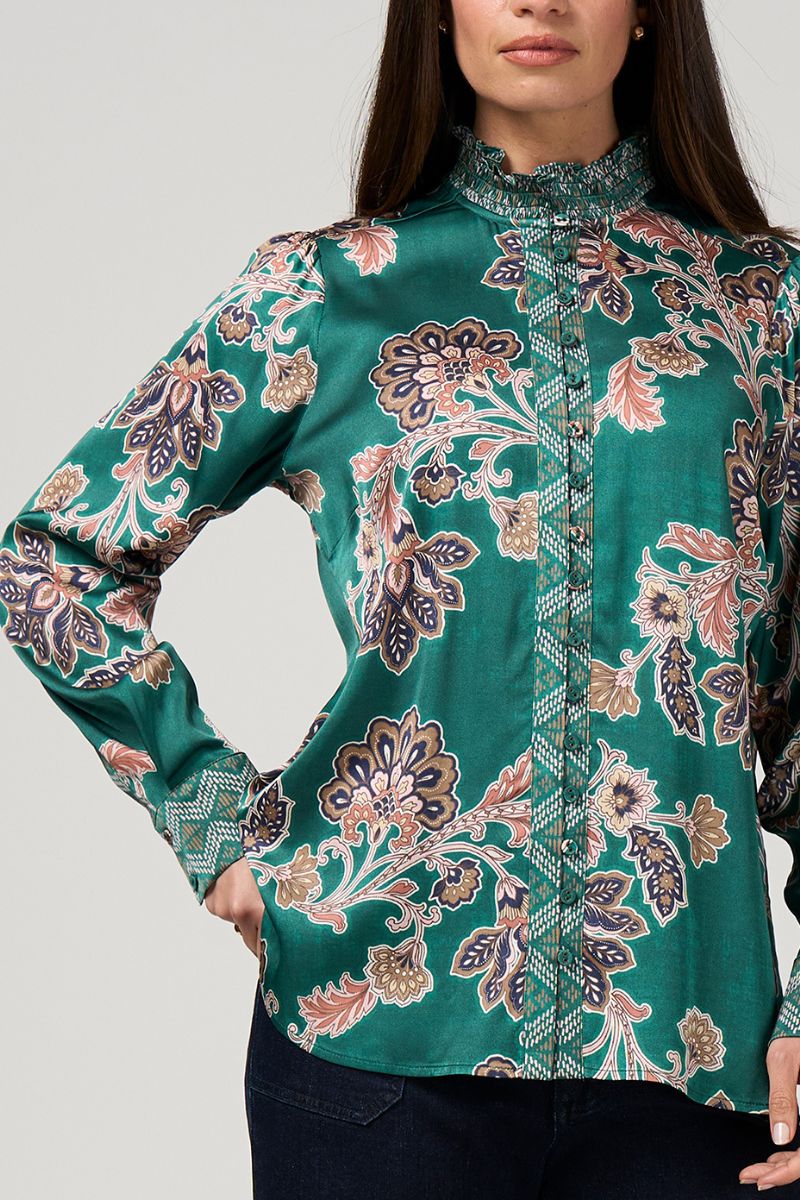 Woman wearing Versailles Shirt in Evergreen Multi by Loobie’s Story LS3237 front view