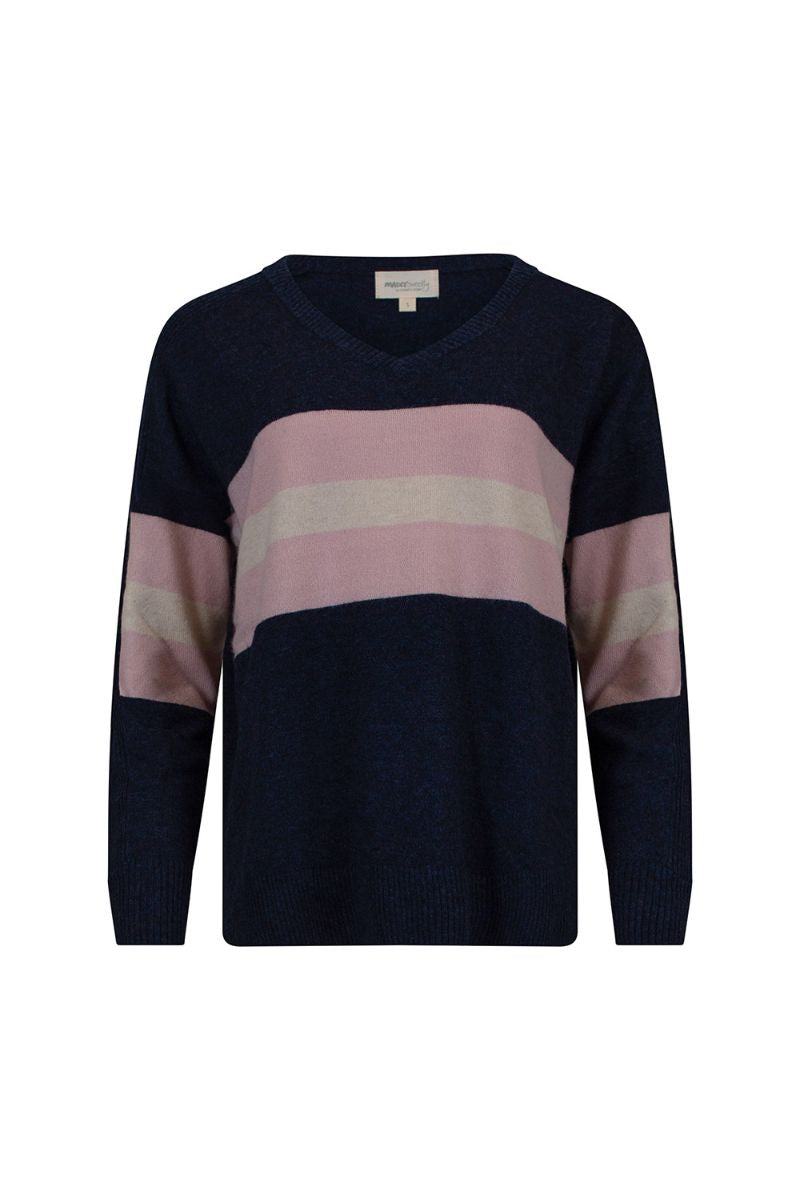  Getaway V Sweater in Navy Marle Multi by Madly Sweetly MSK2512V front