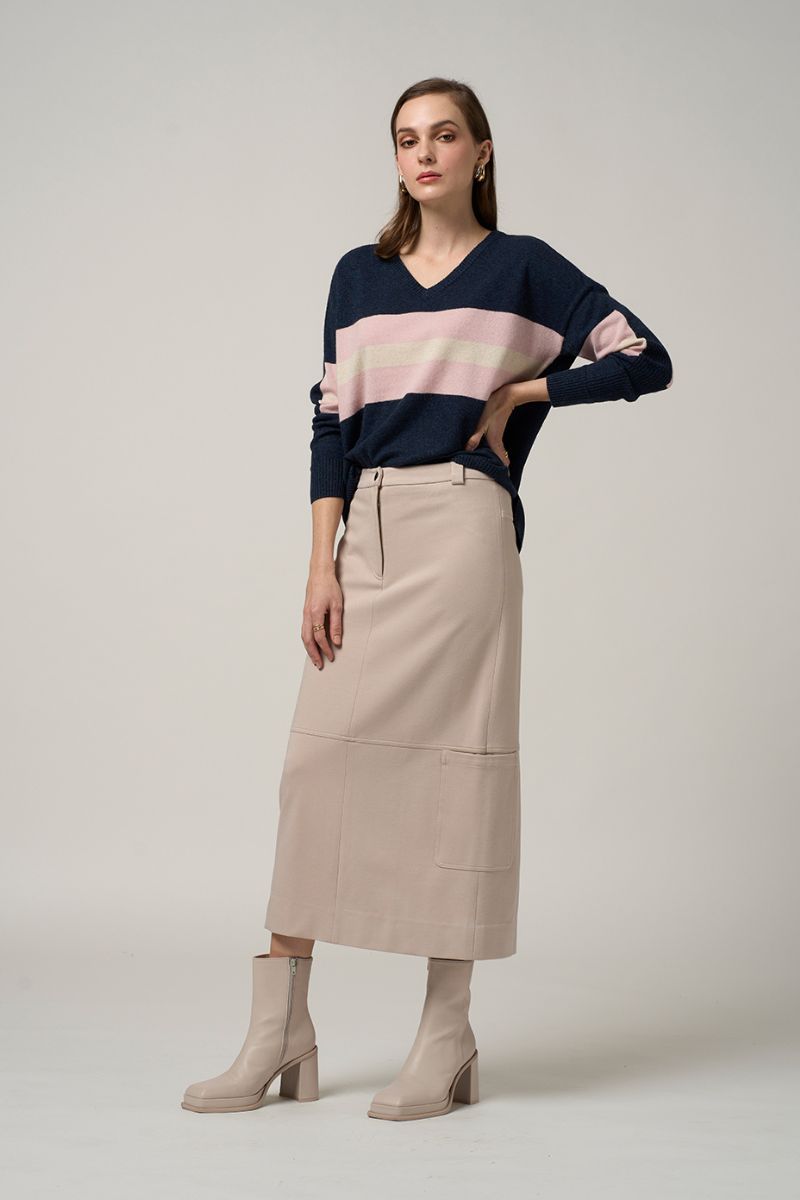 Woman wearing Getaway V Sweater in Navy Marle Multi by Madly Sweetly MSK2512V styled
