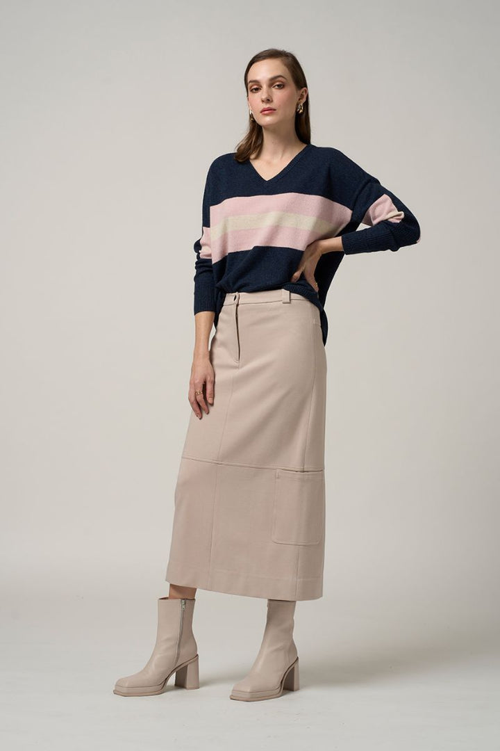 Woman wearing Getaway V Sweater in Navy Marle Multi by Madly Sweetly MSK2512V styled